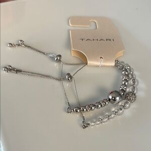 Tahari Silver Tone Crystal Bead Double Strand Bolo Bracelet Adjustable‎